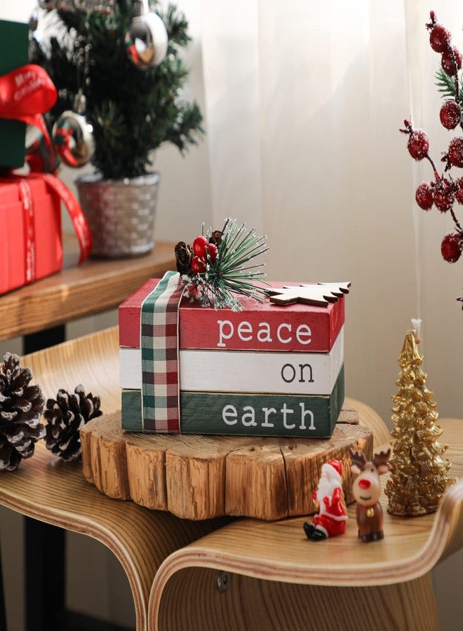 KORMMCO Christmas Wood Book Stack, Christmas Tiered Tray Decor, Peace on Earth Mini Faux Decorative Books with Pine Berry, Farmhouse Book Decor for Home Table Mantle Shelf - Image 4